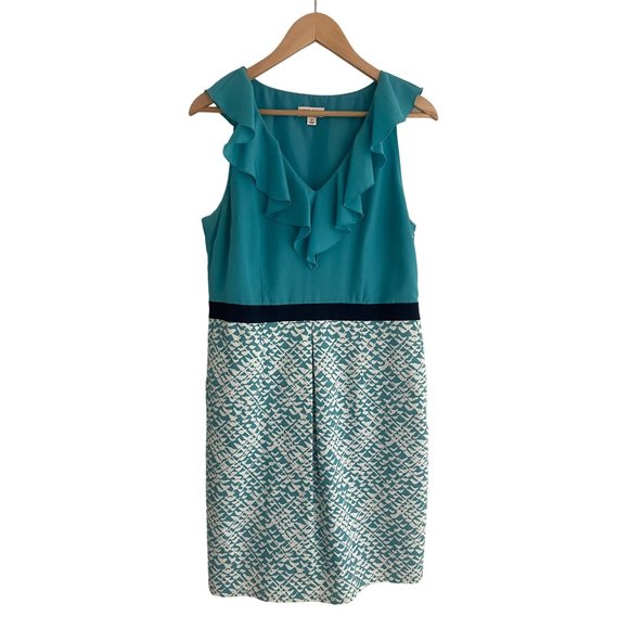 Size 12 TEAL RUFFLE NECK‎ SHEATH DRESS W/POCKETS Spring Summer Church Career - Picture 4 of 4